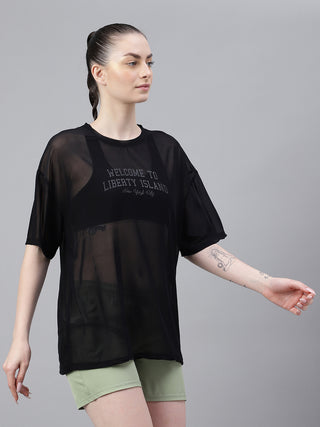 MKH Black Breathable Mesh T-Shirt Womens Oversized Activewear