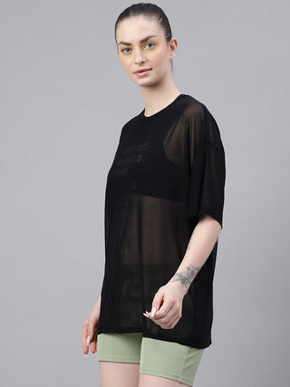 MKH Womens Black Mesh T-Shirt Oversized Workout Fit