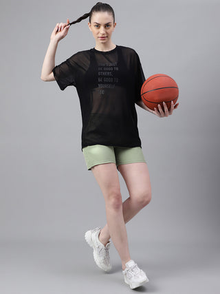 MKH Womens Black Mesh T-Shirt Oversized Workout Fit
