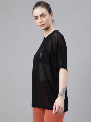 MKH Womens Black Oversized Mesh T-Shirt Casual Streetwear Look