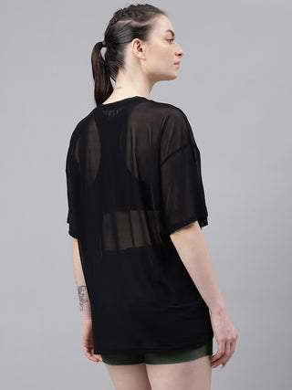 MKH Womens Black Oversized Mesh T-Shirt Breathable Gym Layer