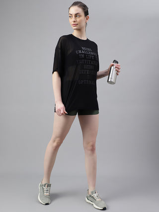 MKH Womens Black Oversized Mesh T-Shirt Breathable Gym Layer