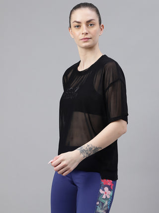 MKH MotionFlow Black Oversized Mesh T-Shirt for Women
