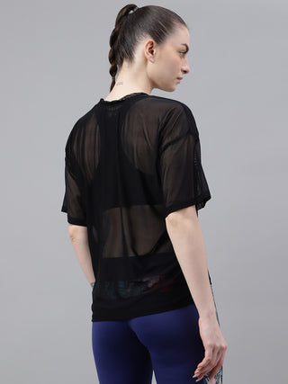 MKH MotionFlow Black Oversized Mesh T-Shirt for Women