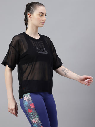 MKH MotionFlow Black Oversized Mesh T-Shirt for Women