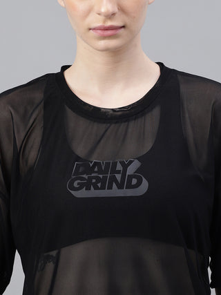 MKH MotionFlow Black Oversized Mesh T-Shirt for Women