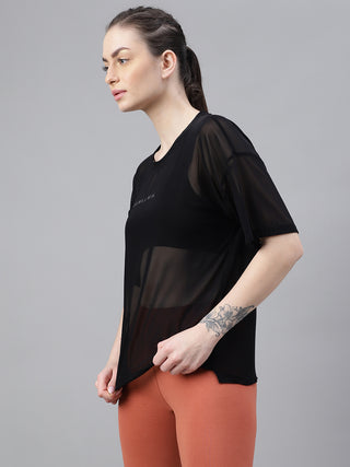 YOU WILL WIN WOMEN BLACK MESH RELAXED FIT T-SHIRT