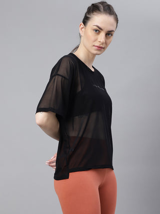 YOU WILL WIN WOMEN BLACK MESH RELAXED FIT T-SHIRT