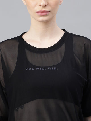 YOU WILL WIN WOMEN BLACK MESH RELAXED FIT T-SHIRT