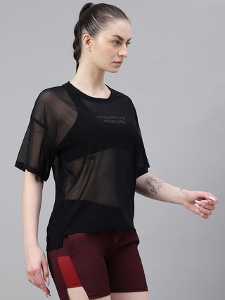 MKH Black ZenithFlow Mesh T-Shirt for Women