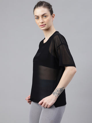 MKH StrideFlex Black Mesh Active T-Shirt for Women