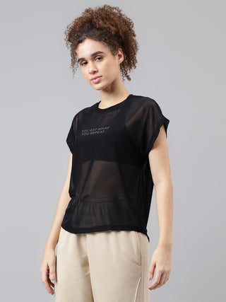 MKH Black Mesh T-Shirt Women Casual Athleisure Short Sleeve Style