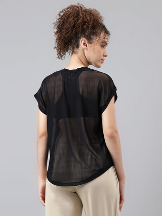 MKH Black Mesh T-Shirt Women Casual Athleisure Short Sleeve Style