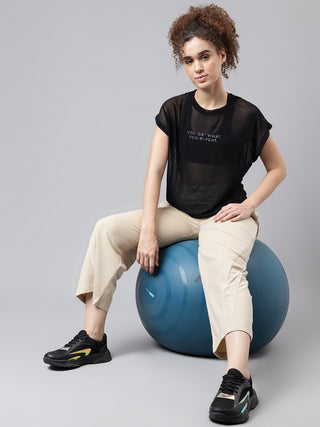 MKH Black Mesh T-Shirt Women Casual Athleisure Short Sleeve Style