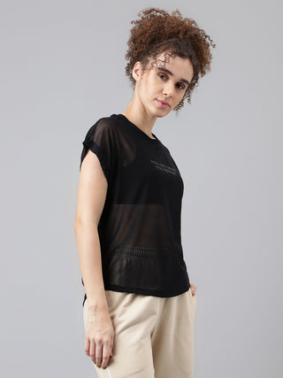MKH Black Mesh T-Shirt Women Casual Athleisure Short Sleeve Style