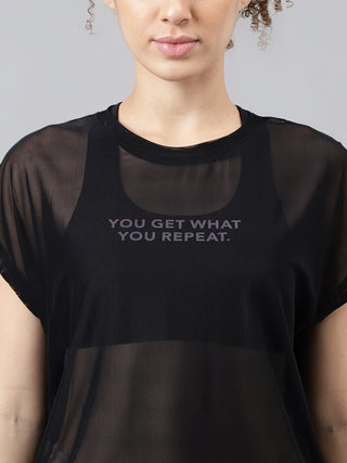 MKH Black Mesh T-Shirt Women Casual Athleisure Short Sleeve Style