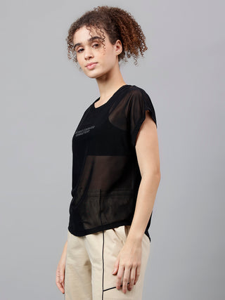 MKH Black Mesh T Shirt Womens Curved Hem Design