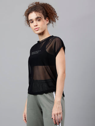 MKH Black Breathable Mesh T-Shirt Women Sporty Gym Look
