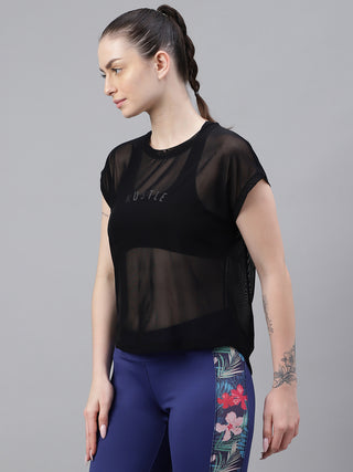MKH Black Mesh T-Shirt Women Short Sleeve Workout Essential