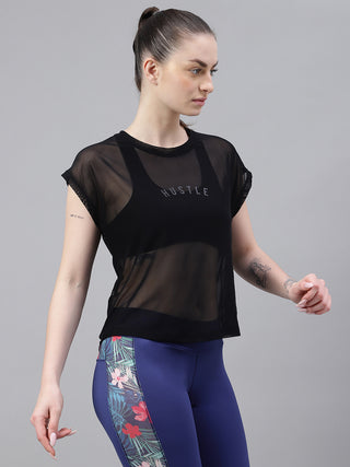 MKH Black Mesh T-Shirt Women Short Sleeve Workout Essential