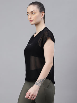 MKH Black Mesh T-Shirt Women Lightweight Sporty Athleisure Wear