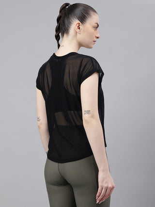 MKH Black Mesh T-Shirt Women Lightweight Sporty Athleisure Wear
