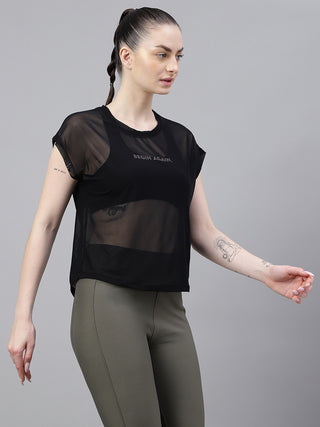 MKH Black Mesh T-Shirt Women Lightweight Sporty Athleisure Wear