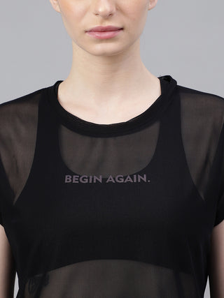 MKH Black Mesh T-Shirt Women Lightweight Sporty Athleisure Wear