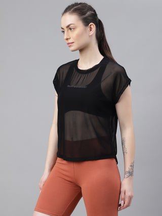 MKH Black Mesh T Shirt Womens Sporty Curved Hem