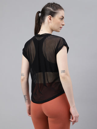 MKH Black Mesh T Shirt Womens Sporty Curved Hem