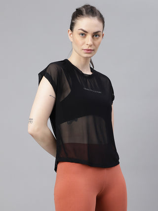 MKH Black Mesh T Shirt Womens Sporty Curved Hem