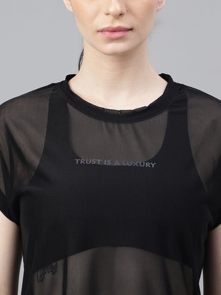 MKH Black Mesh T Shirt Womens Sporty Curved Hem