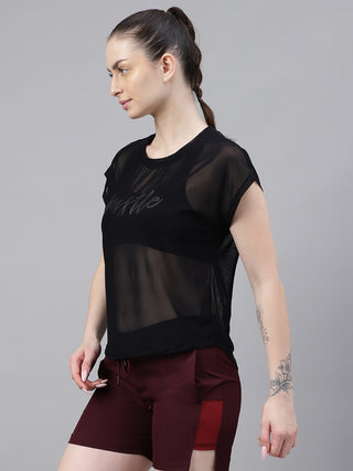 MKH Black Mesh T-Shirt Women Casual Athleisure Short Sleeves