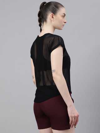 MKH Black Mesh T-Shirt Women Casual Athleisure Short Sleeves