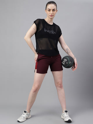 MKH Black Mesh T-Shirt Women Casual Athleisure Short Sleeves