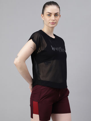 MKH Black Mesh T-Shirt Women Casual Athleisure Short Sleeves