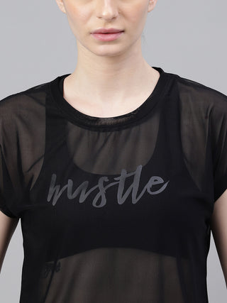 MKH Black Mesh T-Shirt Women Casual Athleisure Short Sleeves