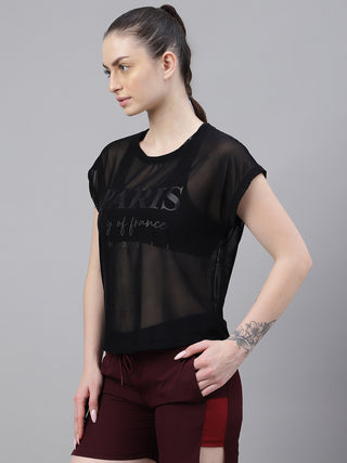 MKH Black Mesh T-Shirt Women Curved Hem Gym Look