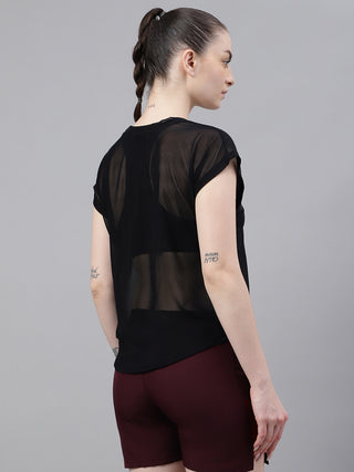 MKH Black Mesh T-Shirt Women Curved Hem Gym Look
