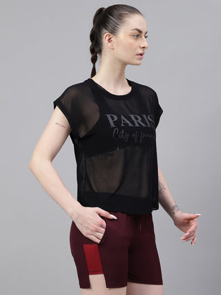 MKH Black Mesh T-Shirt Women Curved Hem Gym Look