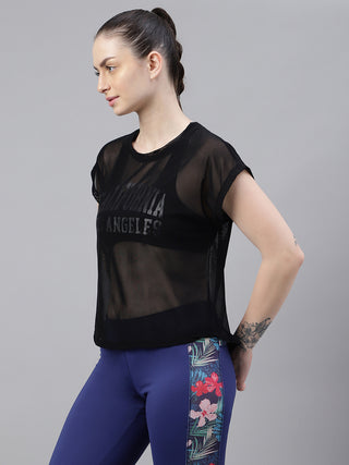 MKH Black Mesh Women Relaxed Short Sleeve Active T-Shirt