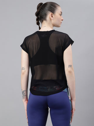 MKH Black Mesh Women Relaxed Short Sleeve Active T-Shirt