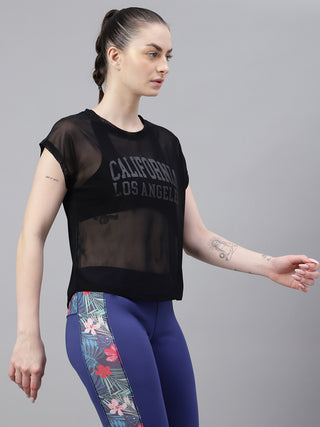 MKH Black Mesh Women Relaxed Short Sleeve Active T-Shirt