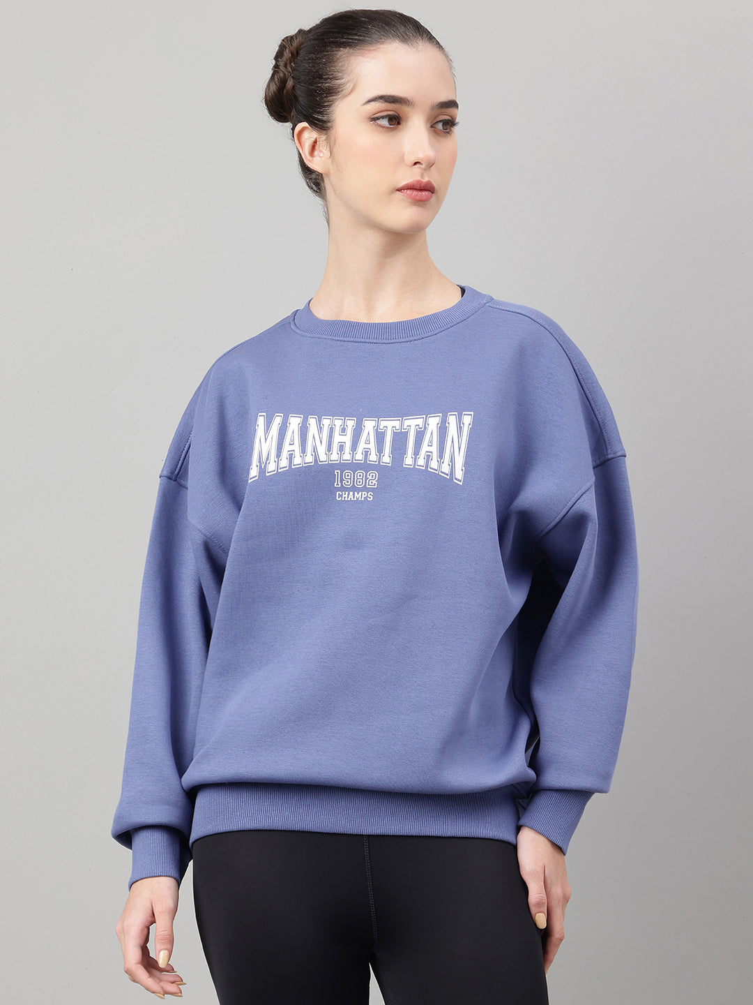 MKH Slate Blue Women Drop Shoulder Comfort Fit Cotton Fleece Sweatshirt