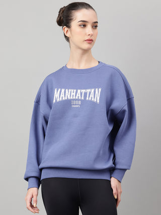 MKH Slate Blue Women Drop Shoulder Comfort Fit Cotton Fleece Sweatshirt
