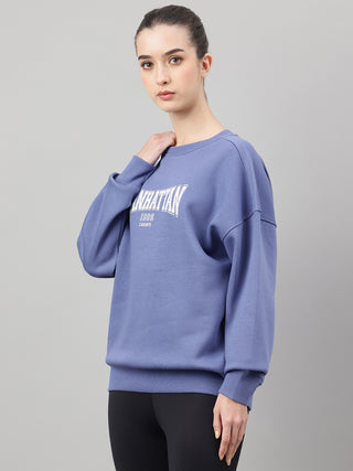 MKH Slate Blue Women Drop Shoulder Comfort Fit Cotton Fleece Sweatshirt