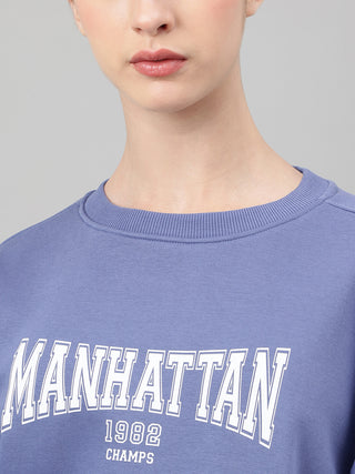 MKH Slate Blue Women Drop Shoulder Comfort Fit Cotton Fleece Sweatshirt