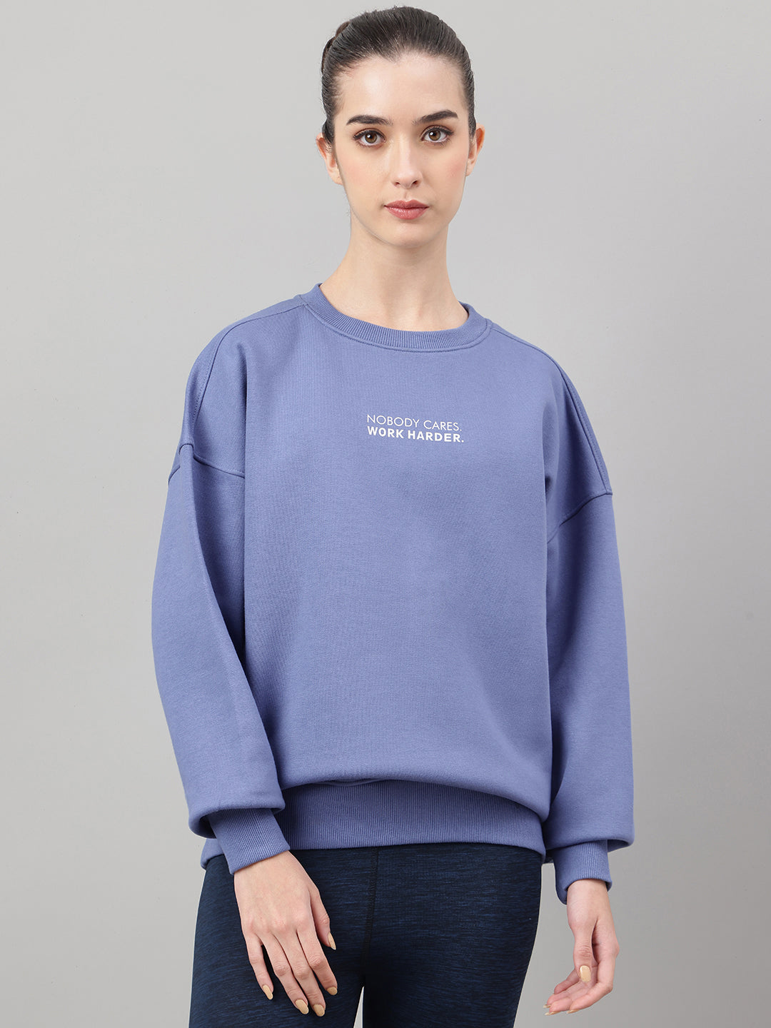 MKH Slate Blue Women Relaxed Weekend Cotton Fleece Sweatshirt