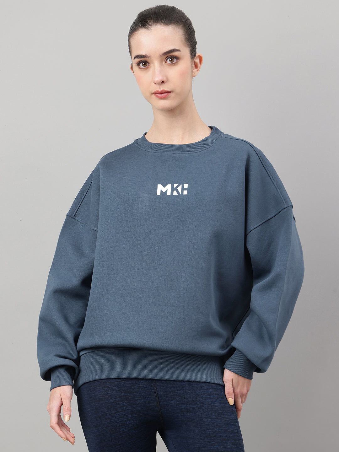 MKH Teal Blue Women Street Style Cotton Fleece Sweatshirt