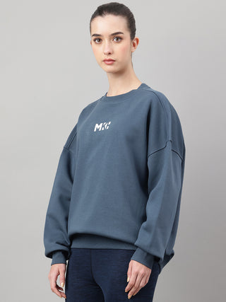 MKH Teal Blue Women Street Style Cotton Fleece Sweatshirt